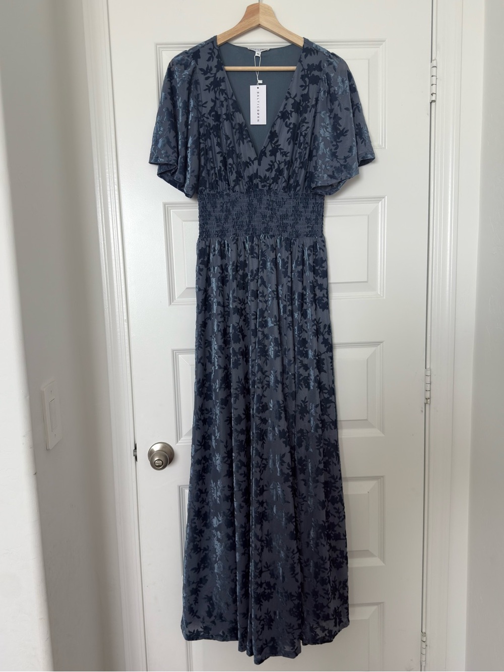 Baltic Born Blue Velvet Maxi Dress Medium V Neck Floral Formal Event Slit
